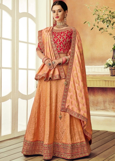Peach brocade silk Indian wedding lehenga choli 7810