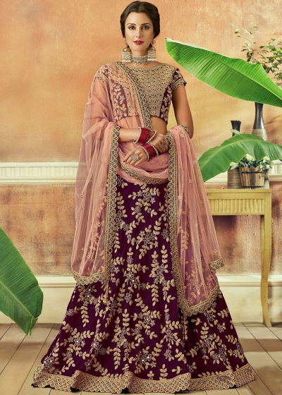 Wine tafetta silk Indian wedding lehenga choli 7813