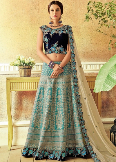 Sky blue Jacquard silk Indian wedding lehenga choli 7815