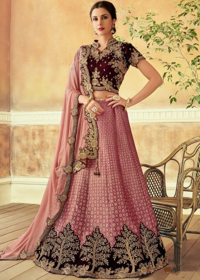 Pink maroon Jacquard silk Indian wedding lehenga choli 7819