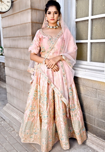 baby pink satin embroidered a line lehenga choli 9999