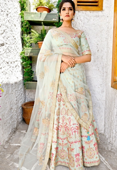 sky blue satin embroidered a line lehenga choli 9994