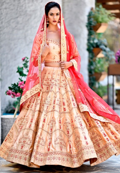 peach satin embroidered a line lehenga choli 9993