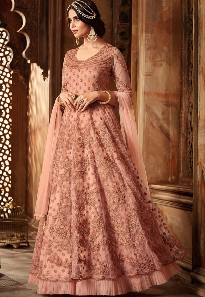 peach net embroidered lehenga style anarkali suit 60003