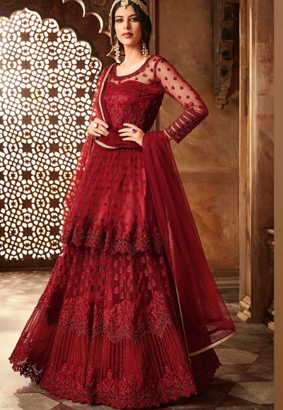 maroon net embroidered lehenga style anarkali suit 60001