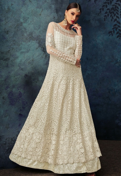 cream net embroidered long anarkali suit 7084