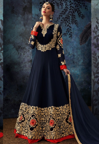 navy blue georgette embroidered floor length anarkali suit 7083