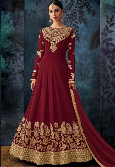 maroon georgette embroidered floor length anarkali suit 7081