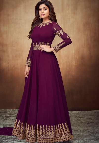 shamita shetty purple georgette embroidered party wear anarkali suit 8061