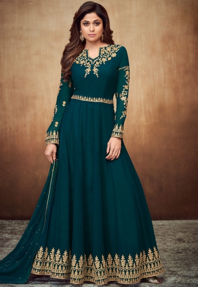 shamita shetty rama blue georgette embroidered party wear anarkali suit 8058