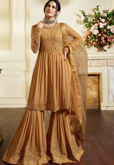 beige satin georgette embroidered sharara style pakistani suit 4054