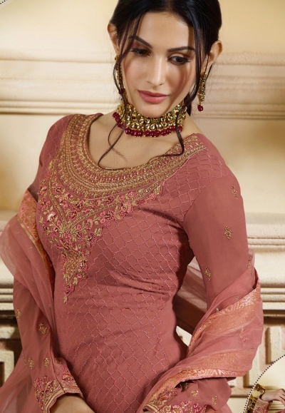 pink satin georgette embroidered sharara style pakistani suit 4053