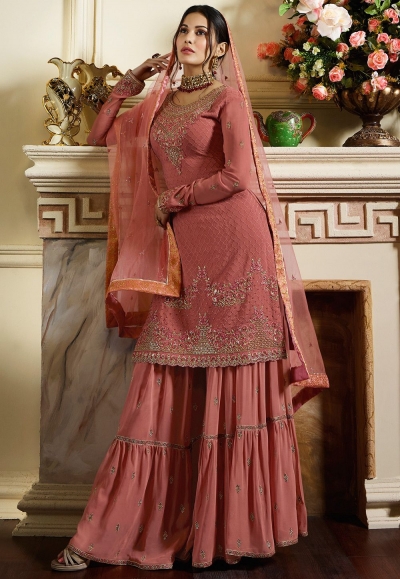 pink satin georgette embroidered sharara style pakistani suit 4053