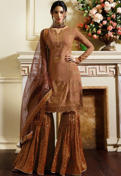 dull pink satin georgette embroidered sharara style pakistani suit 4052