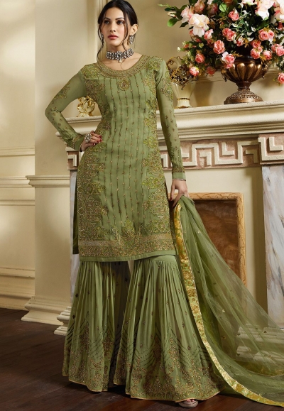 green satin georgette embroidered sharara style pakistani suit 4051