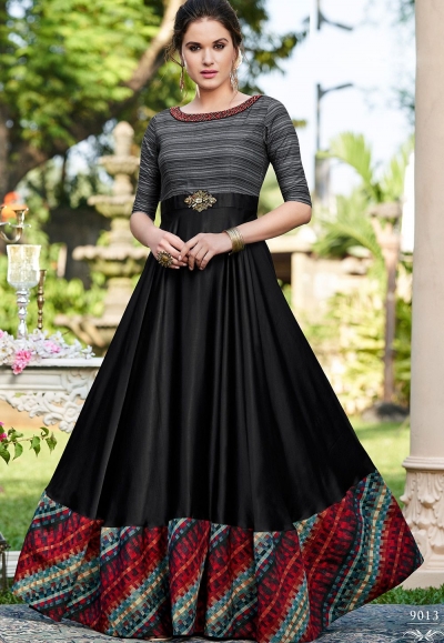 black cotton satin digital printed floor length gown 9013