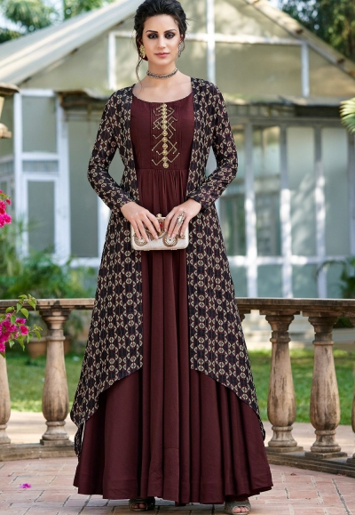 brown shade silk digital printed jacket style long gown 9011