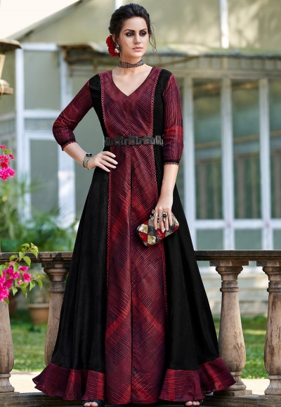 Gown : Maroon georgette long partywear ethnic gown