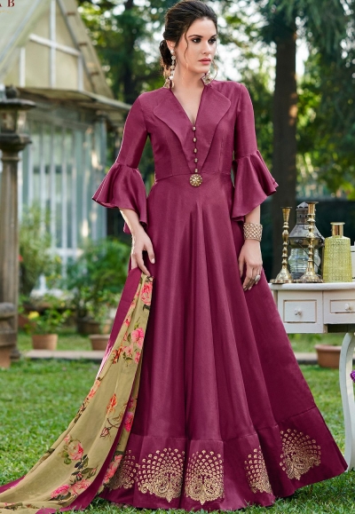 violet silk party wear embroidery floor length gown 9002