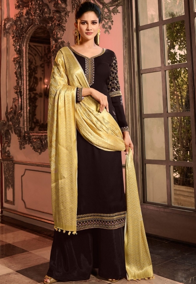 dark brown satin georgette embroidered pakistani palazzo suit 16008