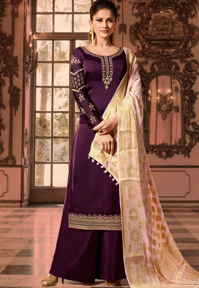 purple satin georgette embroidered pakistani palazzo suit 16006
