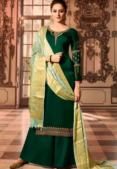 dark green satin georgette embroidered pakistani palazzo suit 16005