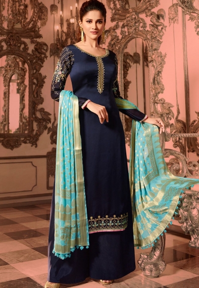 royal blue satin georgette embroidered pakistani palazzo suit 16004