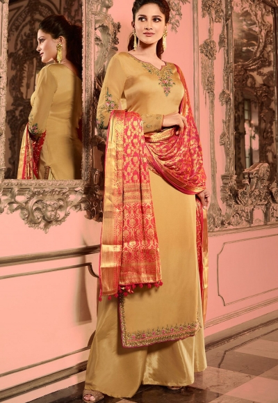 beige satin georgette embroidered pakistani palazzo suit 16003