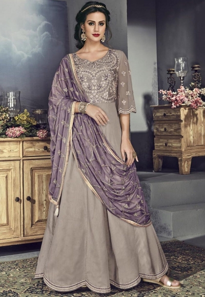 grey tussar silk embroidered long anarkali suit 706