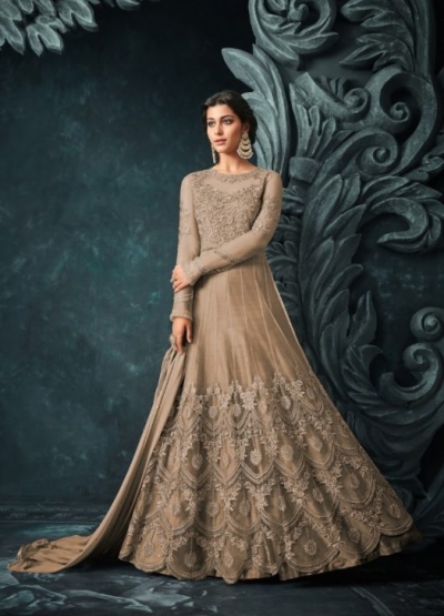 Beige Net Trouser Style Anarkali Suit 1206a