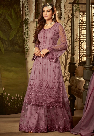 pink net embroidered palazzo suit 61001