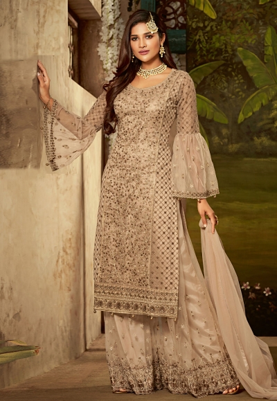 beige net palazzo suit with frill sleeve 61006
