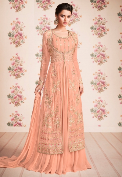 peach georgette anarkali suit with jacket 8176