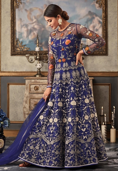 blue net ankle length anarkali suit 15030