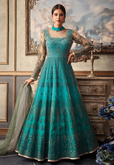 aqua blue net abaya style anarkali suit 15031