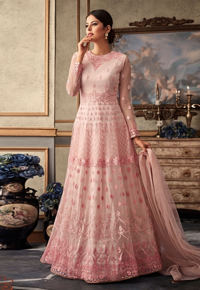 light pink net long anarkali suit 15034