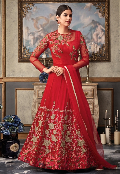 red net ankle length anarkali suit 15035