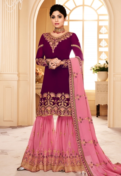 shamita shetty purple georgette sharara style suit 8165