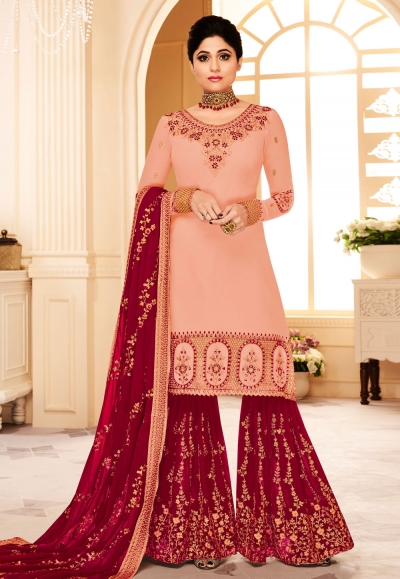 shamita shetty peach georgette sharara style suit 8167