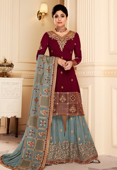 shamita shetty maroon georgette sharara style suit 8169