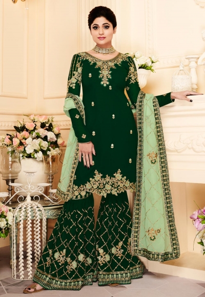 shamita shetty green georgette pakistani style suit 8170