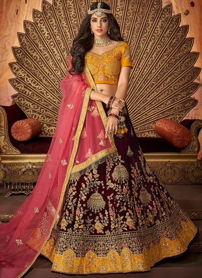 Wine mustard  embroidered a line wedding lehenga 13235