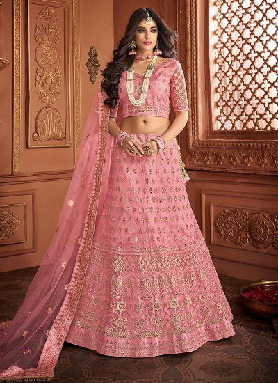 Pink embroidered a line wedding lehenga 13241