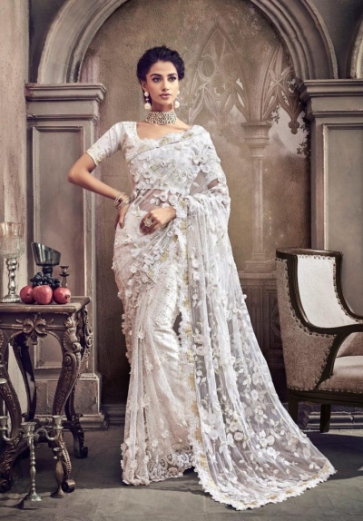 White color net moti work designer party wear saree