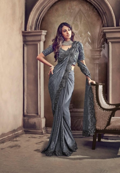 Grey Color fancy moti work party wear saree