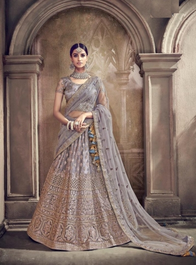 Grey color net designer Indian wedding lehenga