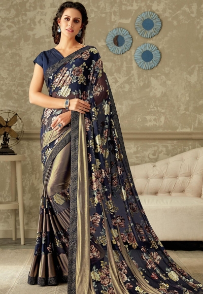 blue printed lycra saree with raw silk blouse 10715