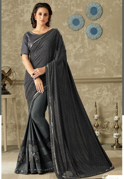 dark grey flower printed lycra saree with art silk blouse 10713