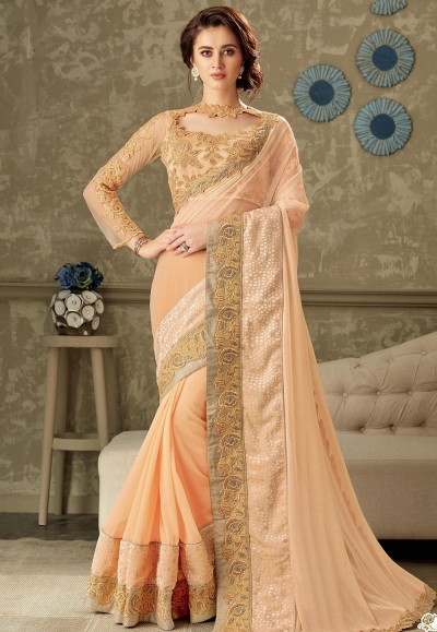 peach embroidered lycra saree with net blouse 10711