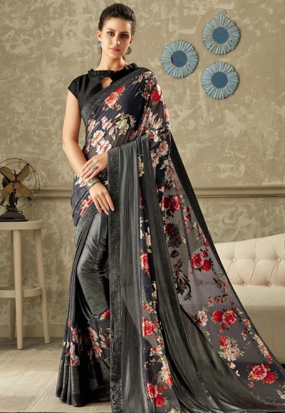 blue printed lycra saree with dupion silk blouse 10710